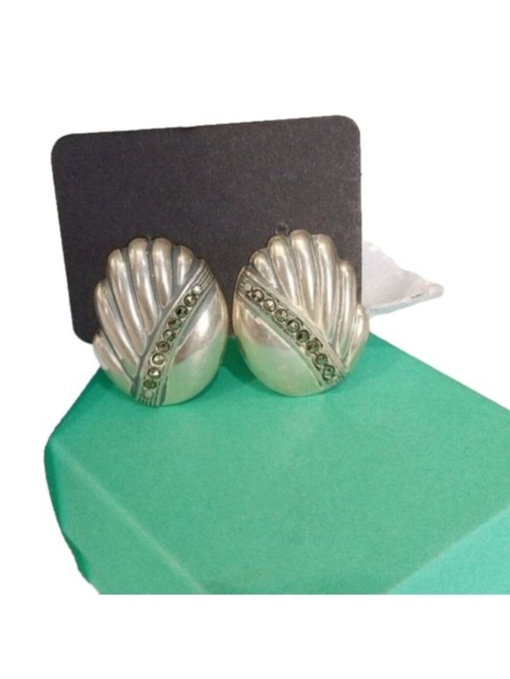 Vintage Sterling Silver Fluted Oval Clip-On Earrings with Marcasite